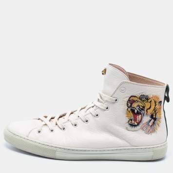 Pre Owned Gucci Cream Leather Tiger Embroidered High Top Sneaker Size 44