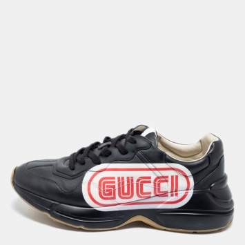 Pre Owned Gucci Black Leather Rhyton Lace Up Sneakers  Size 44