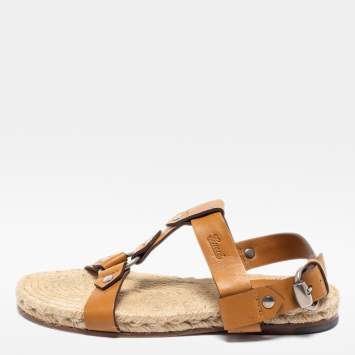 Pre Owned Gucci Tan Leather Ankle Strap Espadrille Sandals Size 40.5