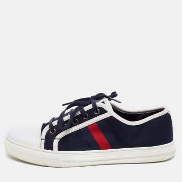Pre Owned Gucci Navy Blue Leather And Canvas Web Detail Lace Up Sneakers Size 40