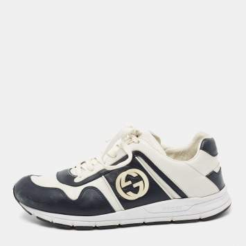 Pre Owned Gucci White/Navy Blue Leather Interlocking G Low Top Sneakers SIze 40.5