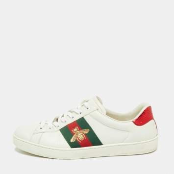 Pre Owned Gucci White Leather And Python Embossed Leather Ace Sneakers  Size 41