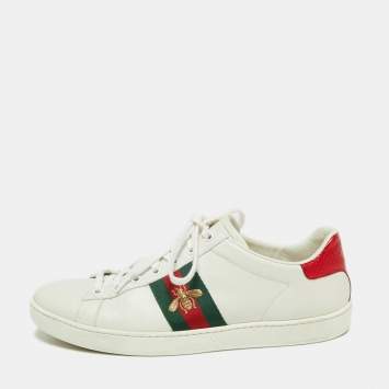 Pre Owned Gucci White Leather And Python Embossed Leather Ace Bee Web Low Top Sneakers Size 39.5 