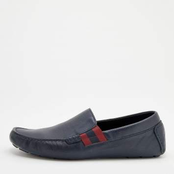 Pre Owned Gucci Black Leather Web Detail Praga Slip On Loafers Size 43.5