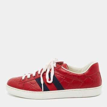 Pre Owned Gucci Red Guccissima Leather Ace Low Top Sneakers Size 40 