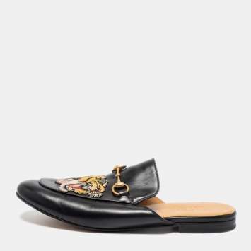 Pre Owned Gucci Black Leather Tiger Patch Horsebit Mules Size 44