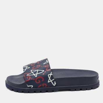 Pre Owned Gucci Navy Blue Leather Logo Pool Slides Size 44