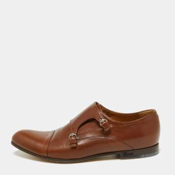 Pre Owned Gucci Brown Leather Double Buckle Monk Strap Oxfords Size 40.5