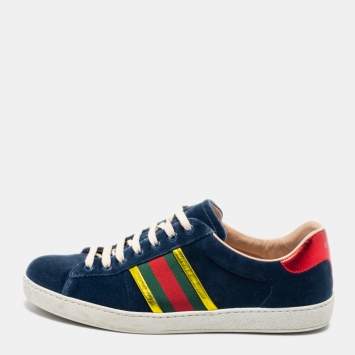 Pre Owned Gucci Blue Velvet And Leather Web Ace Sneakers Size 42