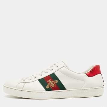 Pre Owned Gucci White Leather Web Detail Embroidered Bee Ace Low Top Sneakers Size 44