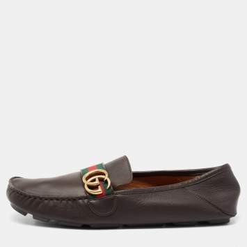 Pre Owned Gucci Dark Brown Leather GG Web Loafers Size 43.5