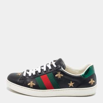 Pre Owned Gucci Black Leather Ace Bees and Stars Embroidered Low Top Sneakers Size 40.5