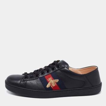 Pre Owned Gucci Black Leather Ace Bee Embroidered Low Top Sneakers Size 43
