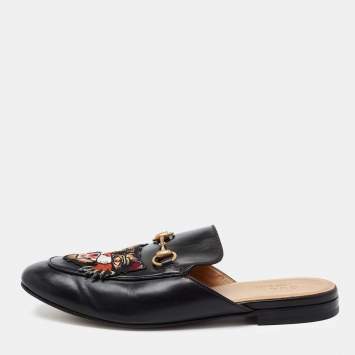 Pre Owned Gucci Black Tiger Patch Leather Princetown Horsebit Flat Mules Size 43