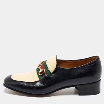 Pre Owned  Gucci Cream/Black Leather Interlocking G Horsebit Loafers Size 41