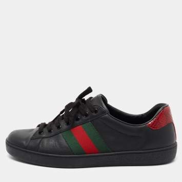 Pre Owned Gucci Black Leather And Snake Embossed Leather Ace Sneakers Size 43.5 