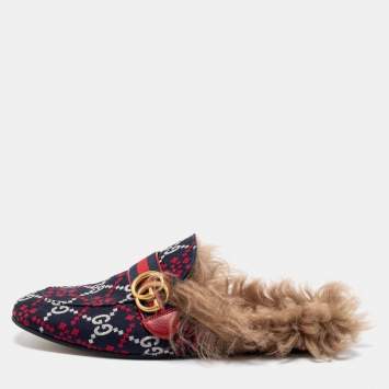 Pre Owned Gucci Multicolor Jacquard Fabric And Fur Lined Princetown Mules Sandals Size 43