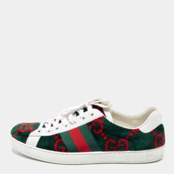 Pre Owned Gucci White/Green Leather And  Velvet Ace GG Terry Low Top Sneakers Size 41