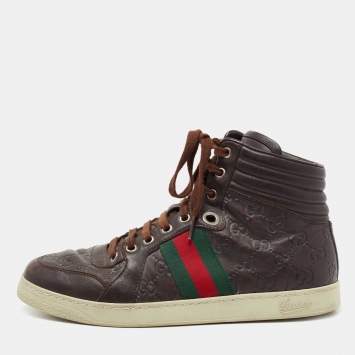 مملوكة مسبقًا Gucci Brown Guccissima Leather Web Detail High Top Sneakers Size 40.5