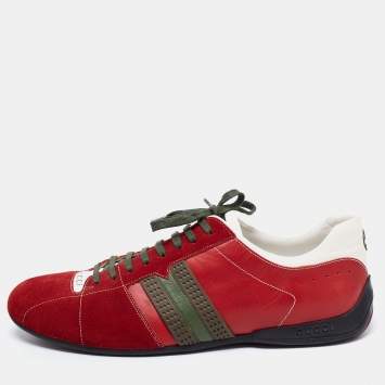 Pre Owned Gucci Red/White Suede And Leather Web Sneakers Size 44