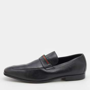 مملوكة مسبقًا Gucci Black Leather Web Slip On Loafers Size 44.5