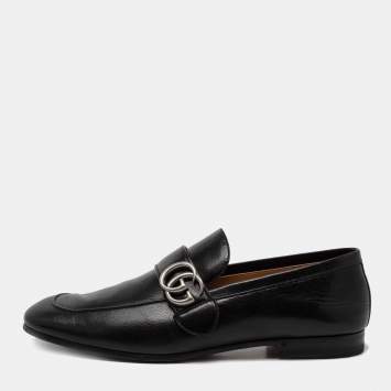 Pre Owned Gucci Black Leather GG Marmont Loafers Size 41.5