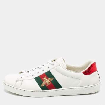 Pre Owned Gucci White Leather Embroidered Bee Web Ace Low-Top Sneakers Size 43