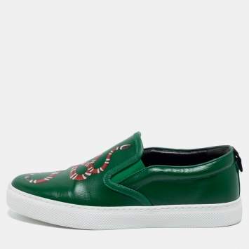 Pre Owned Gucci Green Leather Dublin Snake Slip On Sneakers Size 40.5