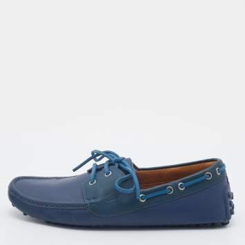 Pre Owned Gucci Blue Leather Boat Bow Slip On Loafers Size 43