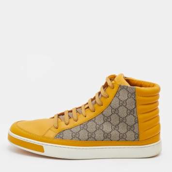 Pre Owned Gucci Yellow/Beige Leather And GG Supreme Canvas High Top Sneakers Size 44