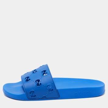 Pre Owned Gucci Blue GG Rubber Slide Flat Sandals Size 44