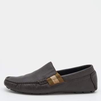 Pre Owned Gucci Dark Brown Leather Web Detail Slip On Loafers Size 40