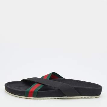 Pre Owned Gucci Black Stretch Band And Web Tape Cross Strap Flat Slide Sandals Size 41