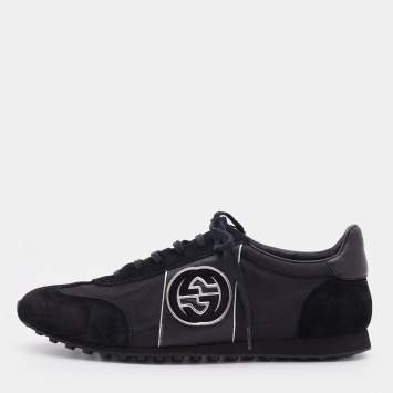 Pre Owned Gucci Black Suede And Nylon GG Low Top Sneakers Size 44.5