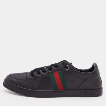 Pre Owned Gucci Black Leather Web Low Top  Sneakers Size 46