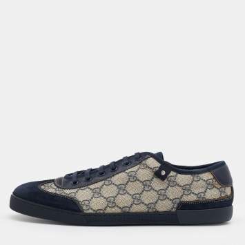 Pre Owned Gucci Beige/Blue GG Supreme Canvas And Suede Low Top Sneakers Size 43.5