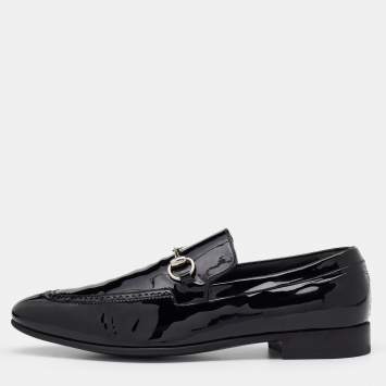 Pre Owned Gucci Black Patent Leather Horsebit Slip On Loafers Size 44