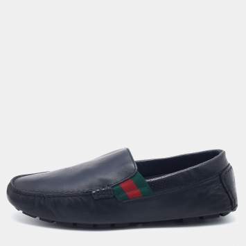Pre Owned Gucci Dark Blue Leather Web Slip On Loafers Size 41.5