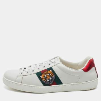 Pre Owned Gucci White Leather Ace Embroidered Tiger Low Top Sneakers Size 43