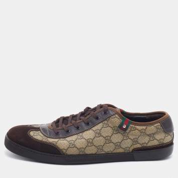 Pre Owned Gucci Beige/Brown GG Supreme Canvas And Suede Low Top Sneakers Size 46