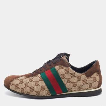 Pre Owned Gucci Beige/Brown Suede And GG Canvas Web Detail Low Top Sneakers Size 45