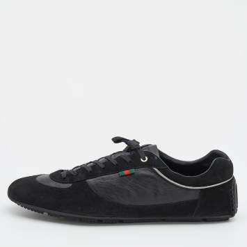 Pre Owned Gucci Black Suede And Leather Web Low Top Sneakers Size 47