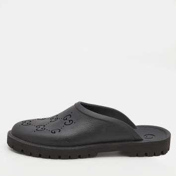 Pre Owned Gucci Black Perforated GG Rubber Slip On Sandals Size 45