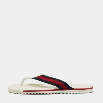 Pre Owned Gucci White Leather Web Thong Flats Size 42