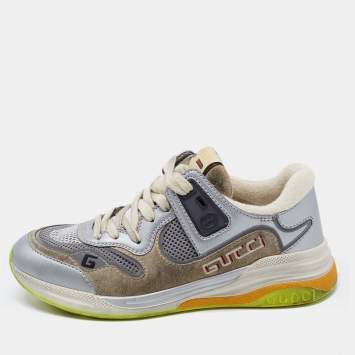 Pre Owned Gucci Silver/Grey Leather and Fabric Ultrapace Sneakers Size 39.5