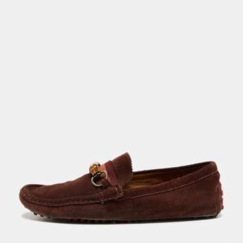 Pre Owned Gucci Burgundy Suede Bamboo Horsebit Slip On Loafers Size 44