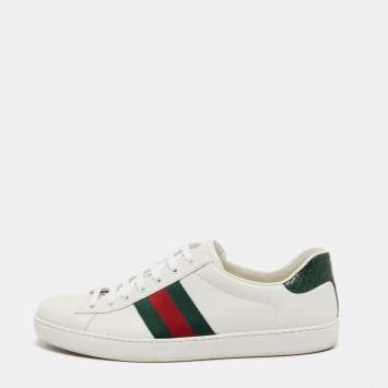 Pre Owned Gucci White Leather Web Ace Low Top Sneakers Size 45.5