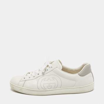 Pre Owned Gucci White Perforated Interlocking G Leather Ace Sneakers Size 43.5