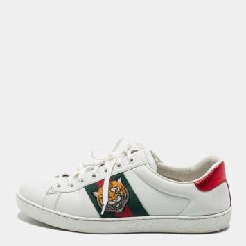 Pre Owned Gucci White Leather Tiger Applique Ace Sneakers Size 39.5