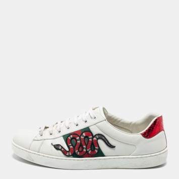 Pre Owned Gucci White Leather Ace Embroidered Snake Sneakers Size 42